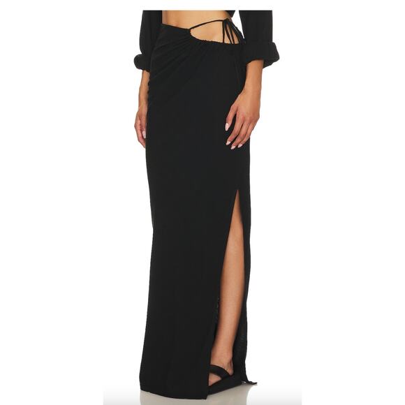 RUMER Black Ruched Maxi Skirt MEDIUM High Side Slits Hip Cutout Linen $229 NEW - Picture 3 of 10